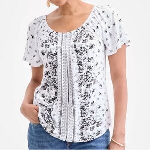 Style & Co Printed Scoop Neck Top Black White Floral Size Large Boho Peasant